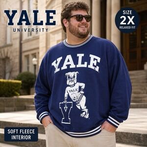 YALE UNIVERSITY Sweatshirt Pullover Bulldog Mascot Logo Blue White Size 2X